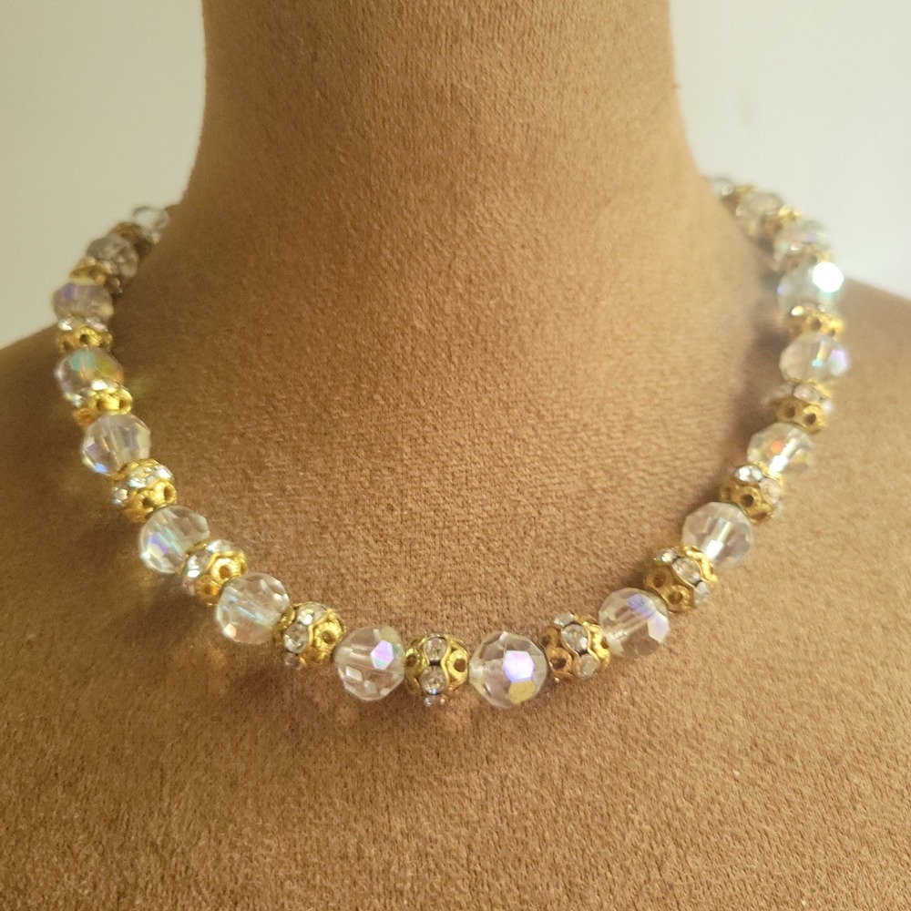 Vintage Aurora Borealis AB Crystal Gold Tone Beaded Choker Necklace 18" Retro
